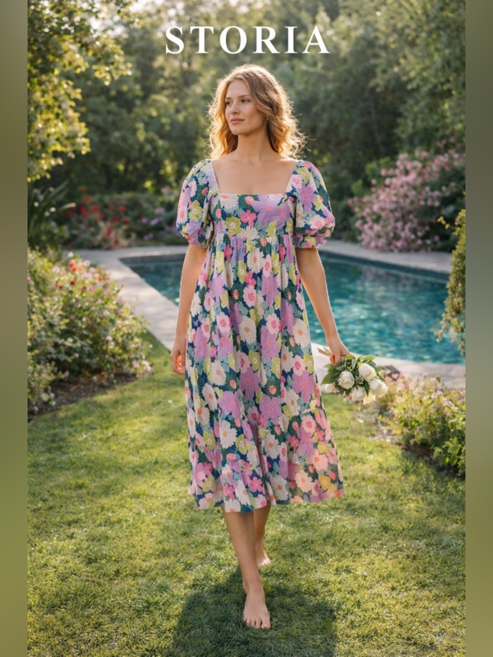 Storia Floral Puff Sleeve Midi Dress  Cottagecore Lined Smocked Back Size S